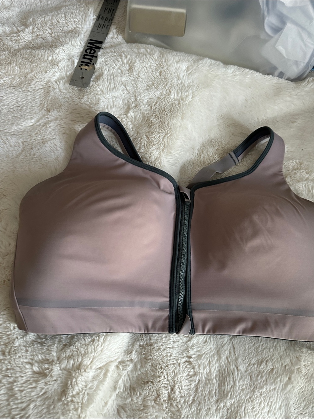 Athleta Front-Zip High Support Sports Bra in Taupe with Gray Trim